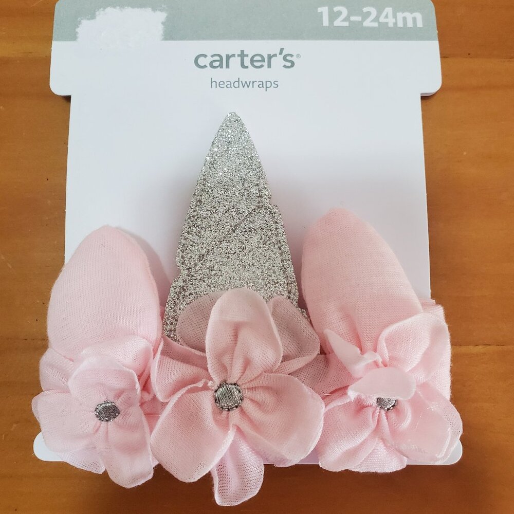 NEW NWT Size 12-24 Months Carters UNICORN head band wrap baby girl PINK silver